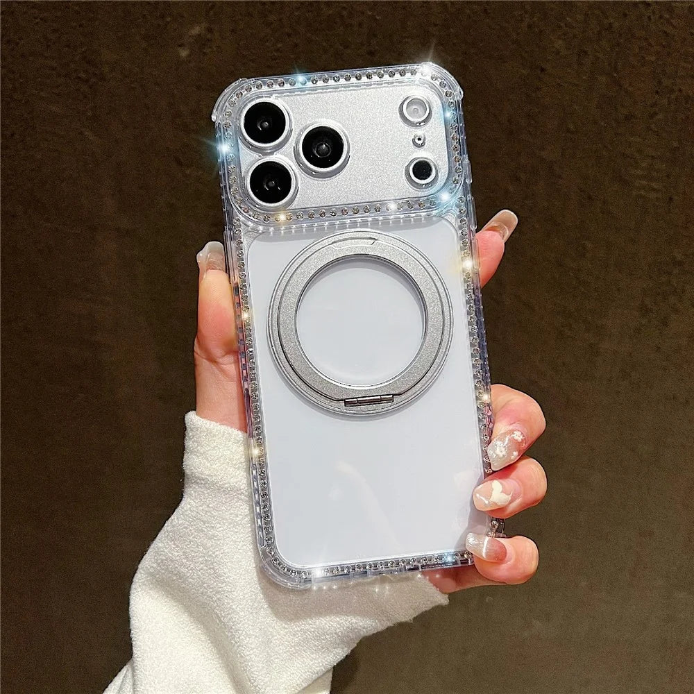 For iPhone 18 Pro Max / 17 Pro Max Magnetic Case Rhinestones Decor Ring Kickstand PC + TPU Clear Phone Cover - Transparent - 1