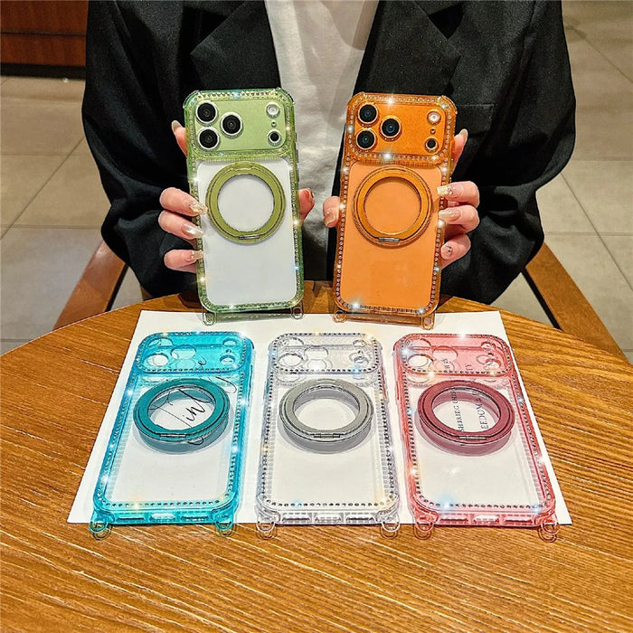 For iPhone 18 Pro Max / 17 Pro Max Magnetic Case Rhinestones Decor Ring Kickstand PC + TPU Clear Phone Cover - Transparent - 7