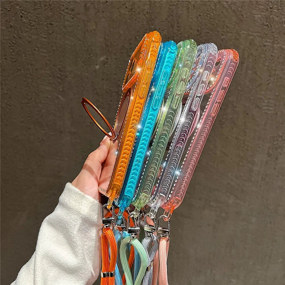 For iPhone 18 Pro / 17 Pro Magnetic Case Ring Kickstand PC + TPU Rhinestones Decor Phone Cover with Shoulder Strap - Orange - 5