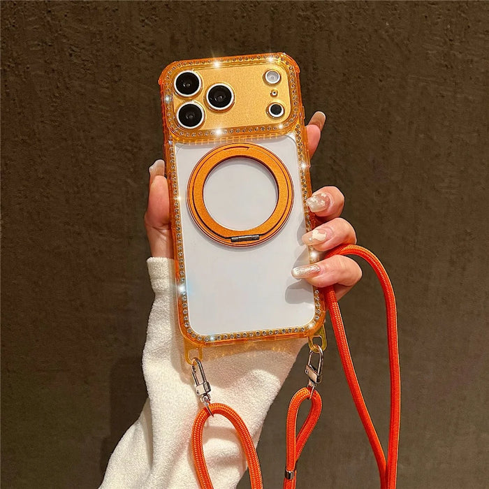 For iPhone 18 Pro Max / 17 Pro Max Magnetic Case Ring Kickstand PC + TPU Rhinestones Decor Phone Cover with Shoulder Strap - Orange - 1