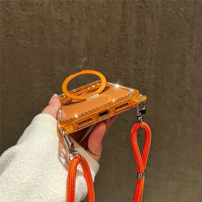 For iPhone 18 Pro Max / 17 Pro Max Magnetic Case Ring Kickstand PC + TPU Rhinestones Decor Phone Cover with Shoulder Strap - Orange - 6