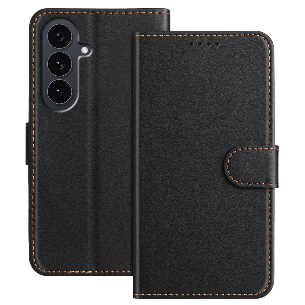 For Samsung Galaxy S26 FE Leather Case Wallet Stand Solid Color Anti Drop Phone Cover - Black - 1