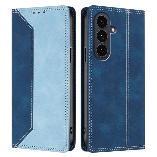 For Samsung Galaxy S26 FE Leather Case Skin Touch Color Splicing RFID Blocking Wallet Stand Phone Cover - Dark Blue / Blue - 1