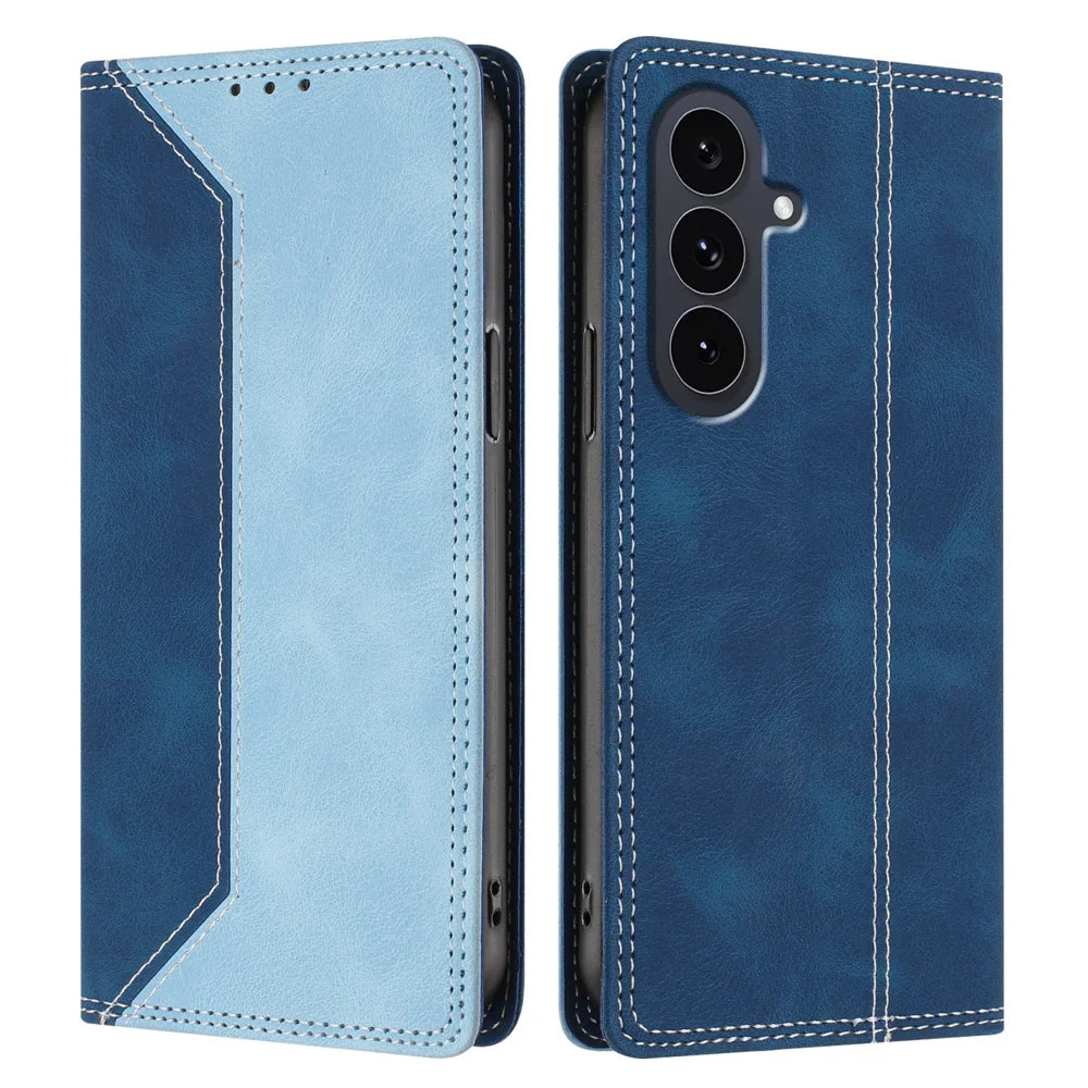 For Samsung Galaxy S26 FE Leather Case Skin Touch Color Splicing RFID Blocking Wallet Stand Phone Cover - Dark Blue / Blue - 1