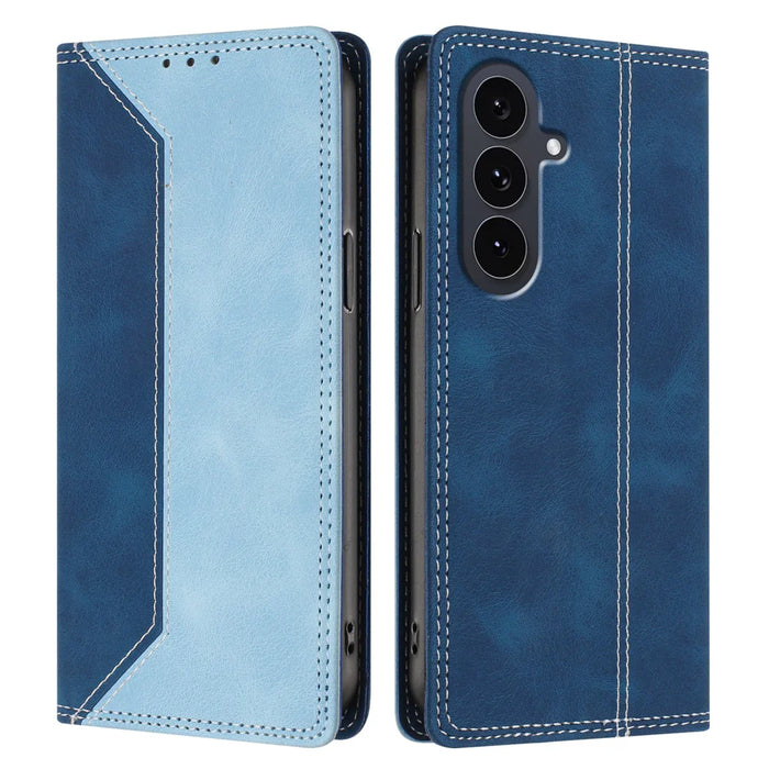 For Samsung Galaxy S26 FE Leather Case Skin Touch Color Splicing RFID Blocking Wallet Stand Phone Cover - Dark Blue / Blue - 1