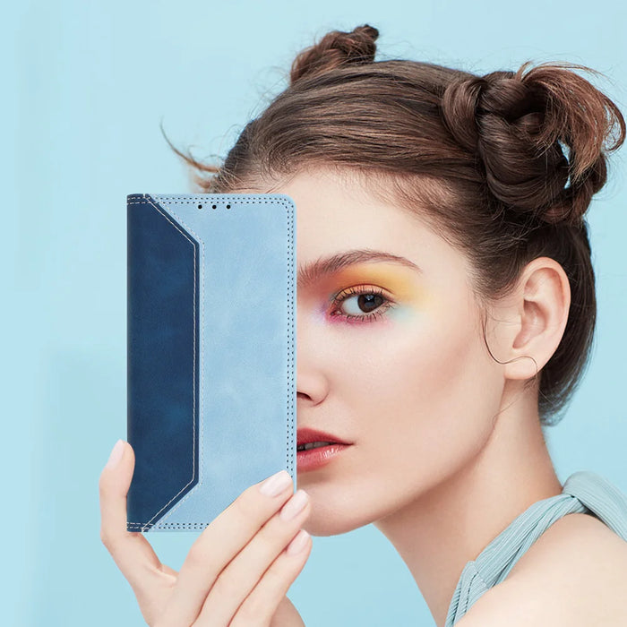 For Samsung Galaxy S26 FE Leather Case Skin Touch Color Splicing RFID Blocking Wallet Stand Phone Cover - Dark Blue / Blue - 5