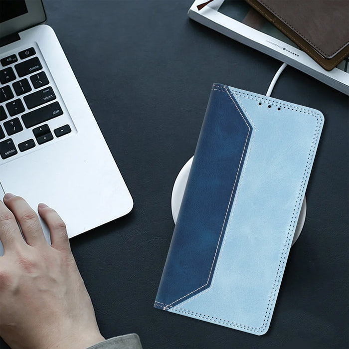 For Samsung Galaxy S26 FE Leather Case Skin Touch Color Splicing RFID Blocking Wallet Stand Phone Cover - Dark Blue / Blue - 6