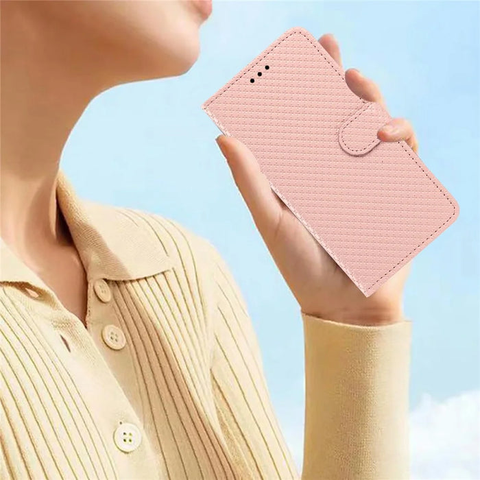 For iPhone 16 Wallet Case Diamond Texture Leather Stand Flip Phone Cover with Wrist Strap - Pink - 5