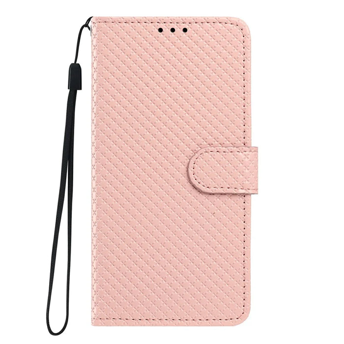 For iPhone 16 Wallet Case Diamond Texture Leather Stand Flip Phone Cover with Wrist Strap - Pink - 7