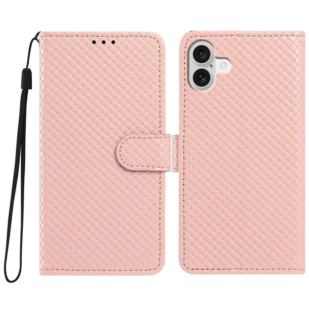 For iPhone 16 Plus Wallet Case Diamond Texture Leather Stand Flip Phone Cover with Wrist Strap - Pink - 1