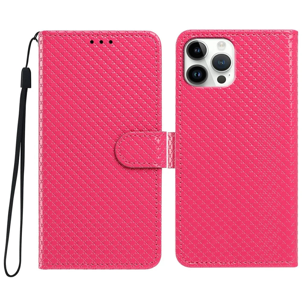 For iPhone 16 Pro Max Wallet Case Diamond Texture Leather Stand Flip Phone Cover with Wrist Strap - Rose - 1