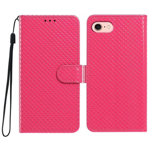 For iPhone 16e  /  17e Wallet Case Diamond Texture Leather Stand Flip Phone Cover with Wrist Strap - Rose - 1