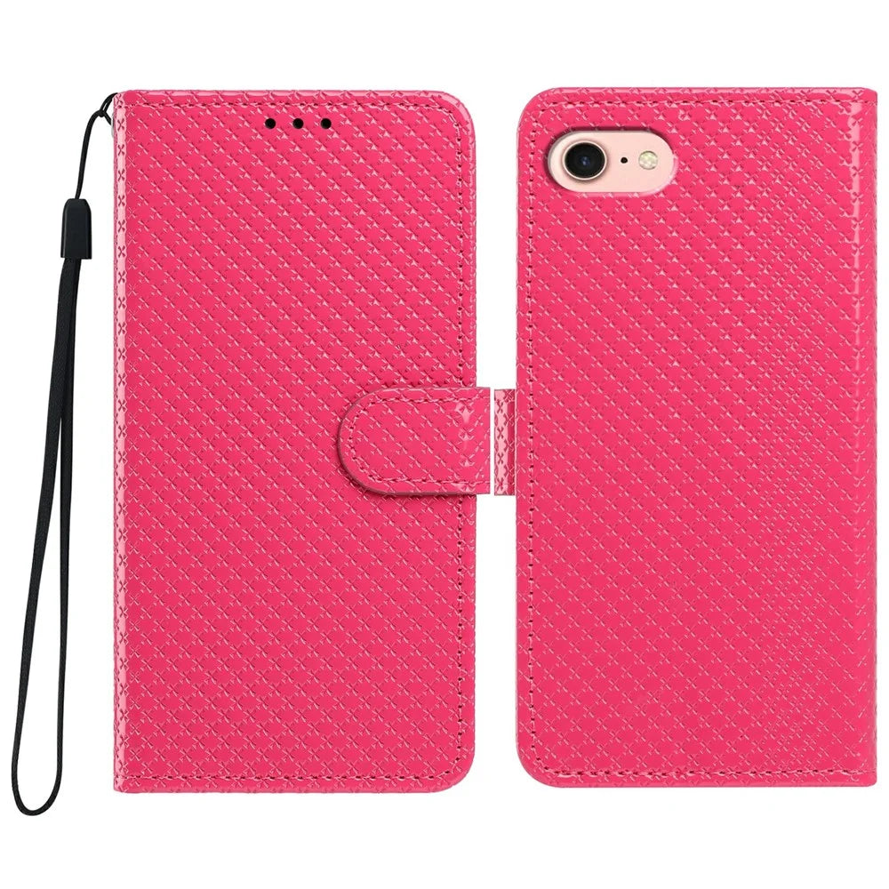 For iPhone 16e  /  17e Wallet Case Diamond Texture Leather Stand Flip Phone Cover with Wrist Strap - Rose - 1