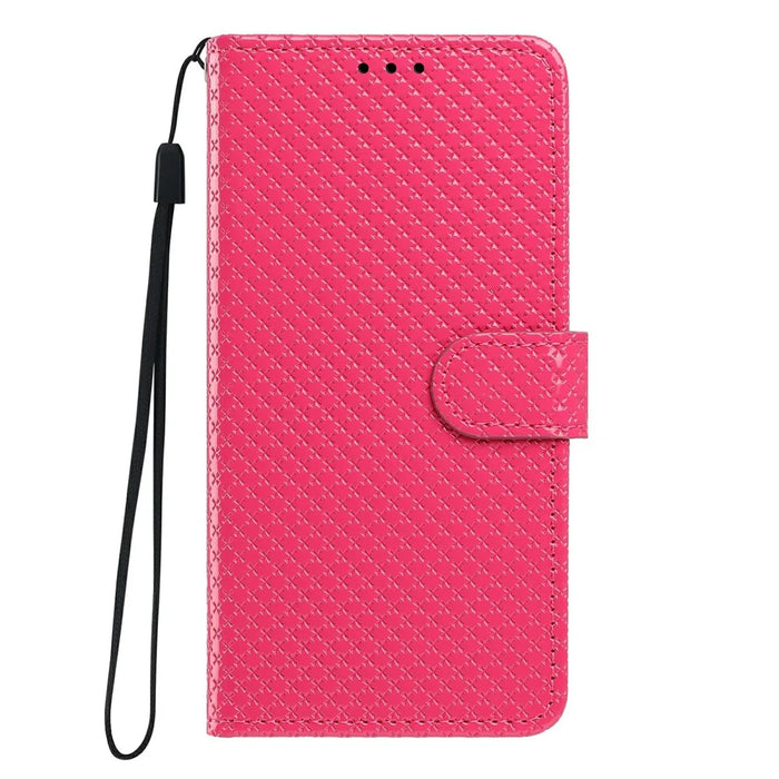 For iPhone 16e  /  17e Wallet Case Diamond Texture Leather Stand Flip Phone Cover with Wrist Strap - Rose - 7