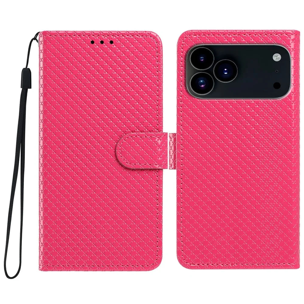 For iPhone  18 Pro / 17  Pro Wallet Case Diamond Texture Leather Stand Flip Phone Cover with Wrist Strap - Rose - 1