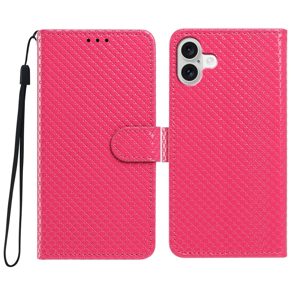 For iPhone 17 Wallet Case Diamond Texture Leather Stand Flip Phone Cover with Wrist Strap - Rose - 1