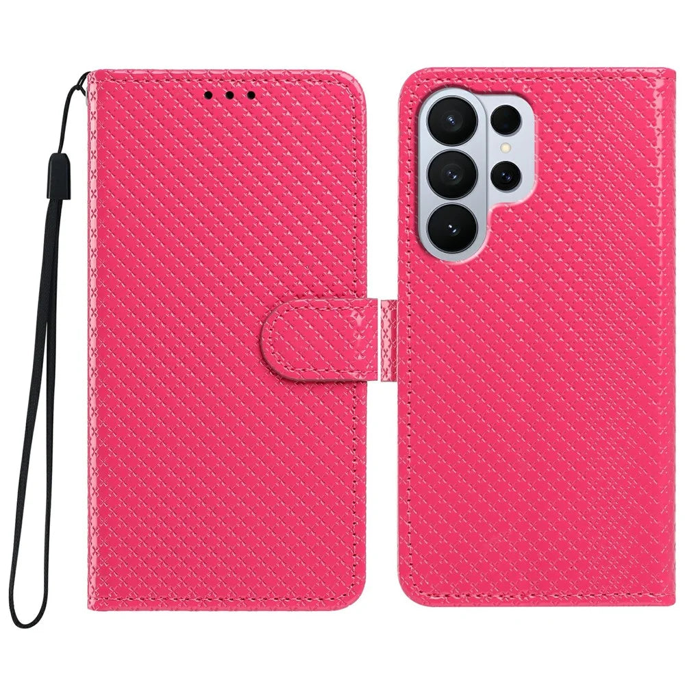 For Samsung Galaxy S26 Ultra Wallet Case Diamond Texture Leather Stand Flip Phone Cover with Wrist Strap - Rose - 1
