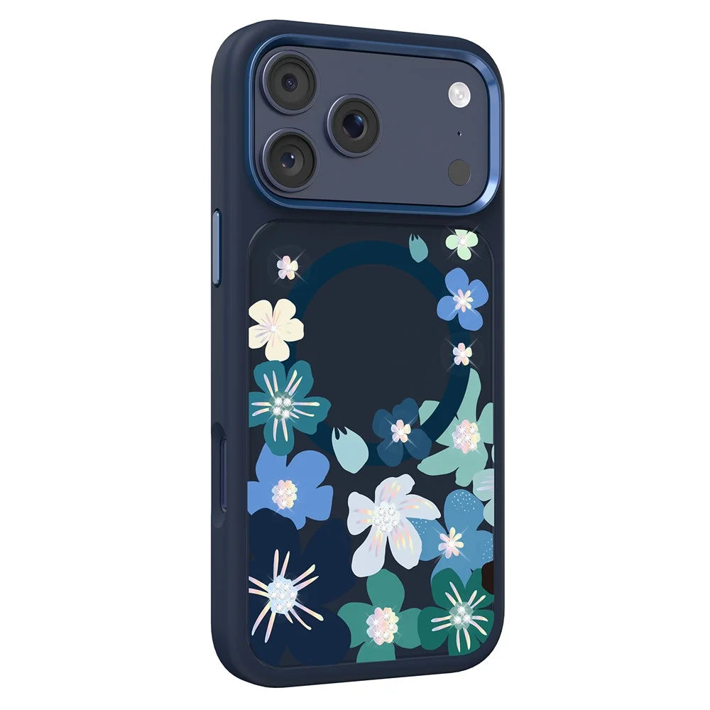 MUTURAL For iPhone 17 Pro Max Magnetic Case Flower Pattern Design Liquid Silicone + Glass + PC Phone Cover - Dark Blue - 1
