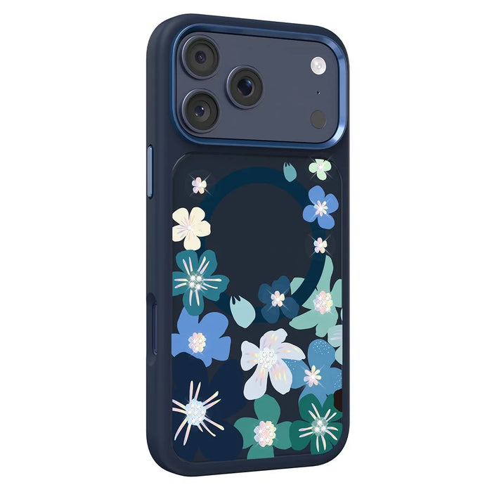 MUTURAL For iPhone 17 Pro Max Magnetic Case Flower Pattern Design Liquid Silicone + Glass + PC Phone Cover - Dark Blue - 1