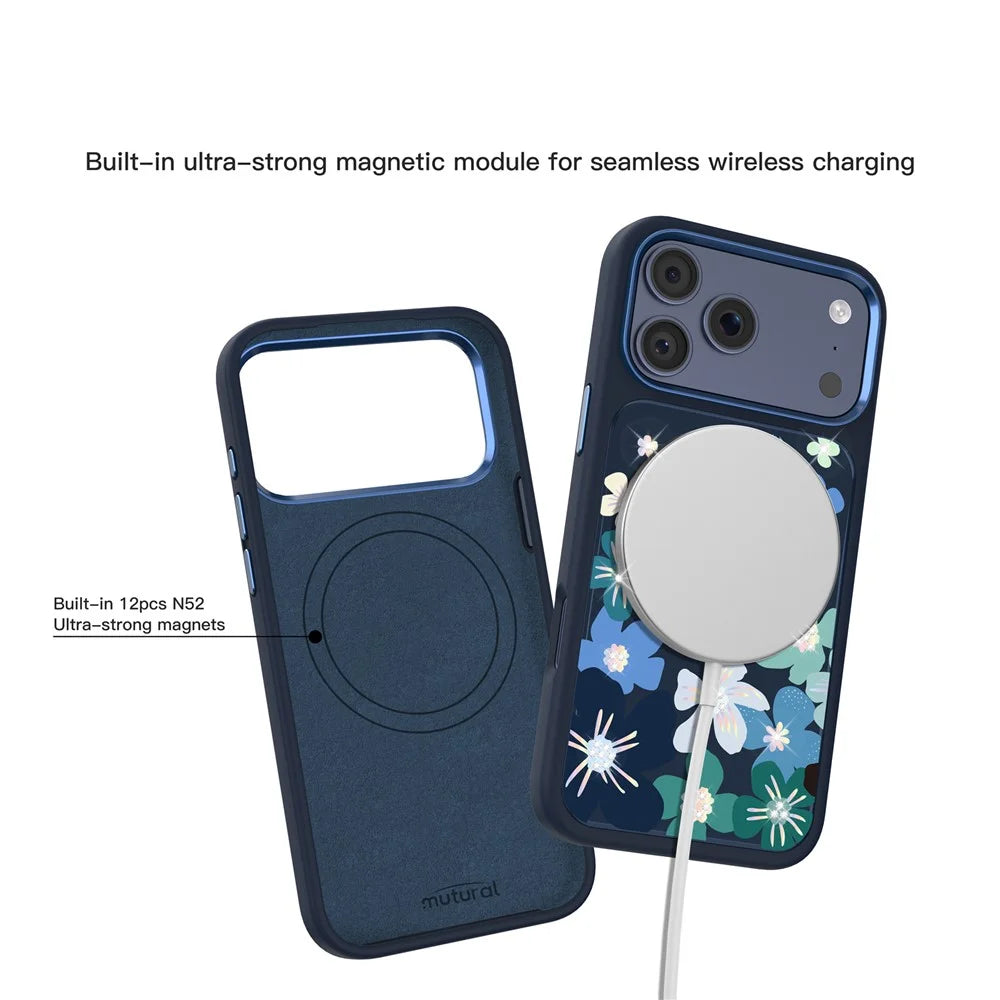 MUTURAL For iPhone 17 Pro Max Magnetic Case Flower Pattern Design Liquid Silicone + Glass + PC Phone Cover - Dark Blue - 3