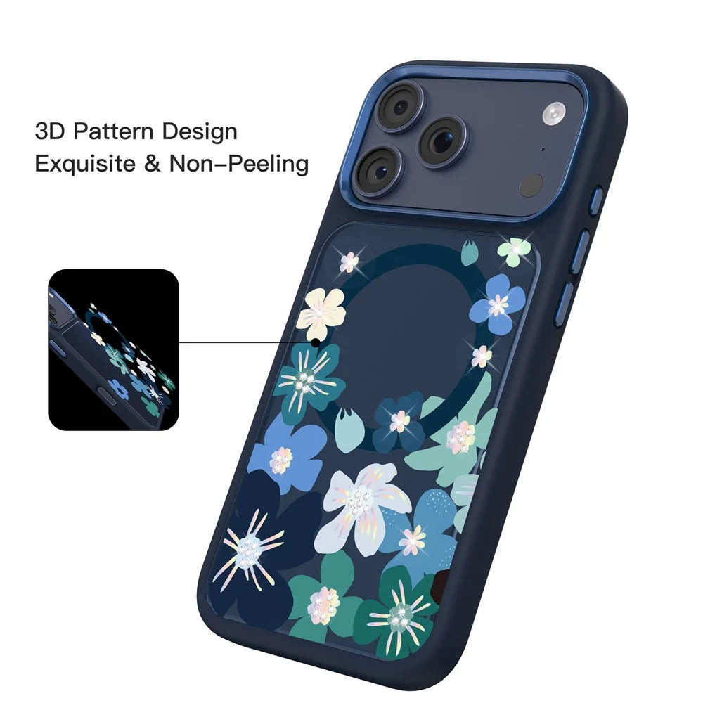 MUTURAL For iPhone 17 Pro Max Magnetic Case Flower Pattern Design Liquid Silicone + Glass + PC Phone Cover - Dark Blue - 4