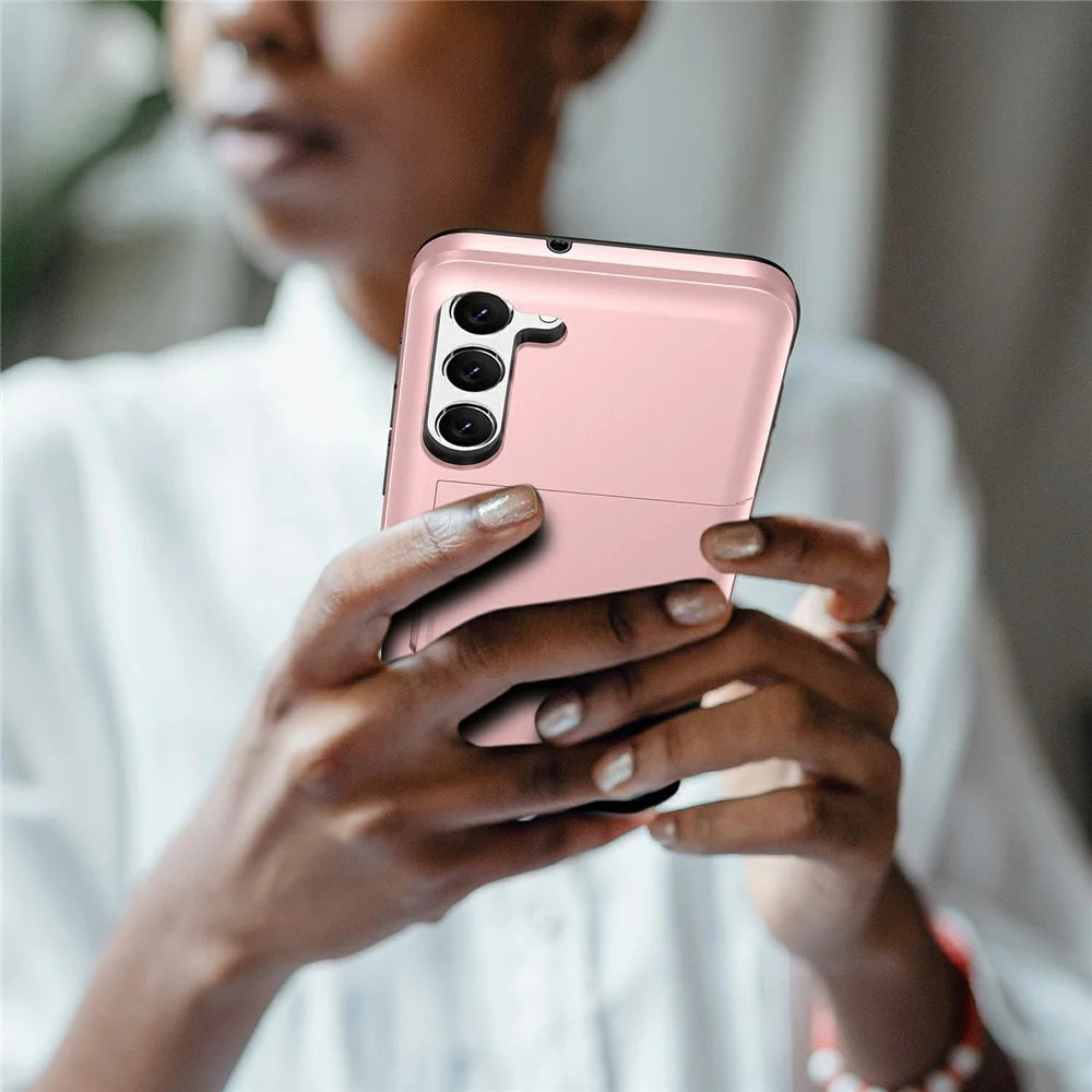 For Samsung Galaxy S23+ Mobile Phone Case TPU + PC Scratch-resistant Back Cover with Slide Card Holder - Rose Gold - 4