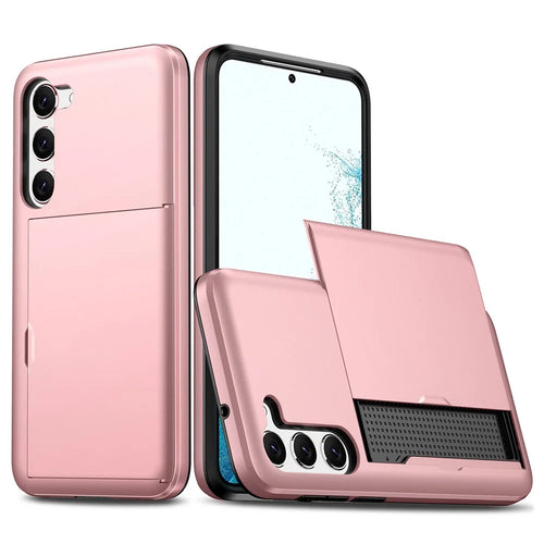 Anti-scratch Phone Case for Samsung Galaxy S23, Drop-proof TPU + PC Hybrid Back Cover with Slide Card Holder - Rose Gold - 1