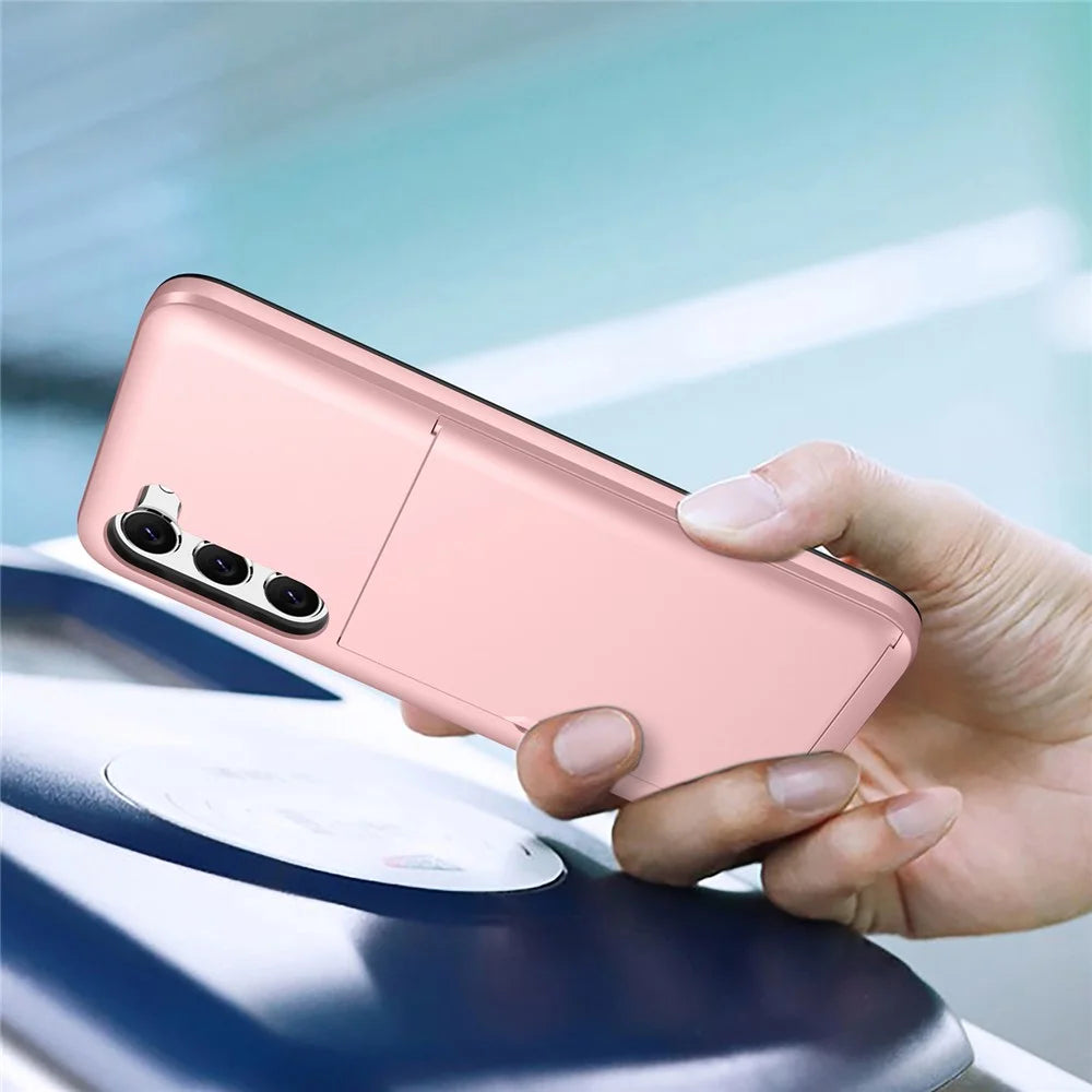 Anti-scratch Phone Case for Samsung Galaxy S23, Drop-proof TPU + PC Hybrid Back Cover with Slide Card Holder - Rose Gold - 2