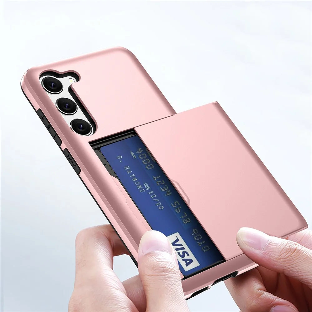 Anti-scratch Phone Case for Samsung Galaxy S23, Drop-proof TPU + PC Hybrid Back Cover with Slide Card Holder - Rose Gold - 6