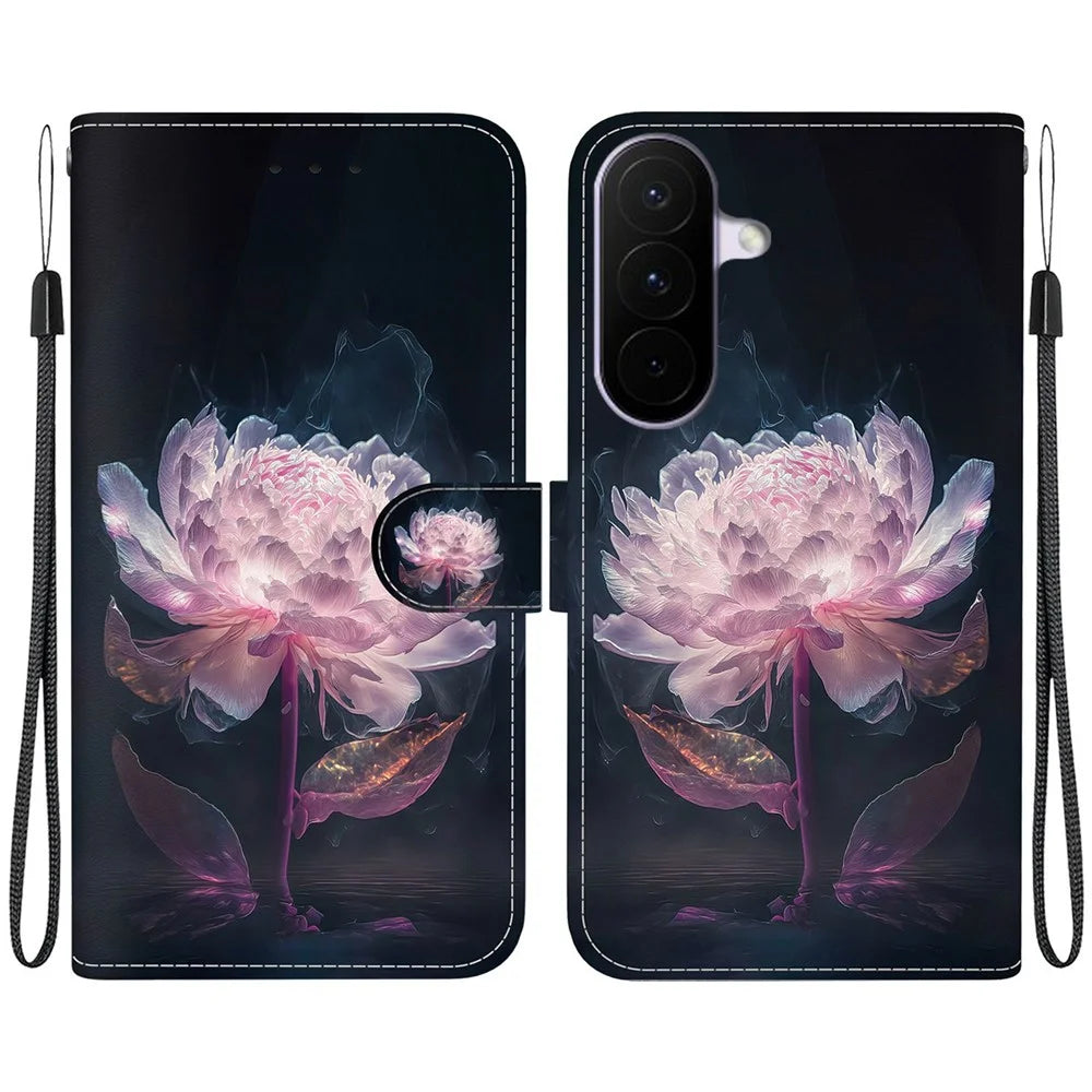For Samsung Galaxy A27 5G Wallet Phone Case Anti-Drop Pattern Printing Leather Flip Cover with Strap - Purple Peony - 1