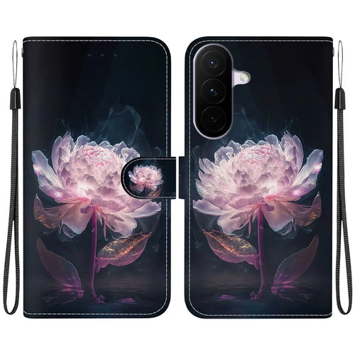 For Samsung Galaxy A27 5G Wallet Phone Case Anti-Drop Pattern Printing Leather Flip Cover with Strap - Purple Peony - 1