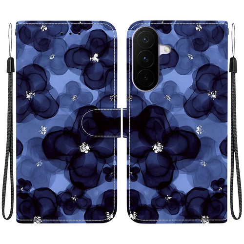 For Samsung Galaxy A27 5G Wallet Case Pattern Printing Leather Stand Phone Cover with Strap - Ink Blue Flower - 1
