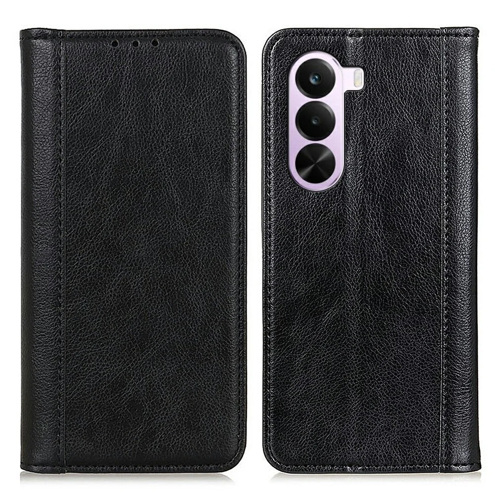 For OnePlus Nord CE6 Lite 5G  /  Realme P4x 5G Stand Case Split Leather Litchi Texture Wallet Phone Cover - Black - 1