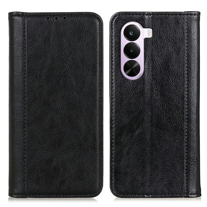 For OnePlus Nord CE6 Lite 5G  /  Realme P4x 5G Stand Case Split Leather Litchi Texture Wallet Phone Cover - Black - 1