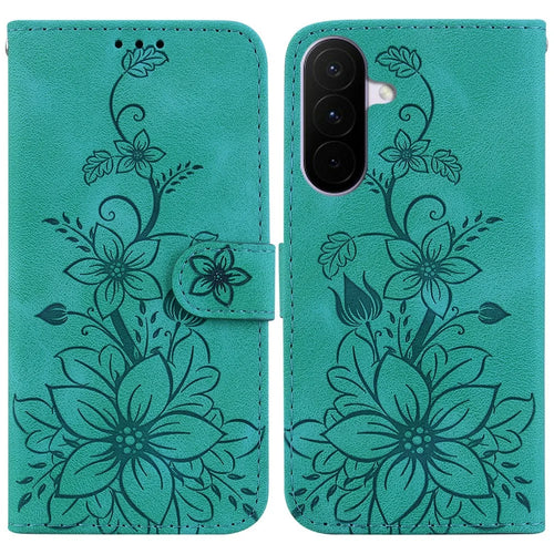 For Samsung Galaxy A27 5G Stand Case Lily Flower Imprint Leather Phone Cover with Wrist Strap - Green - 1