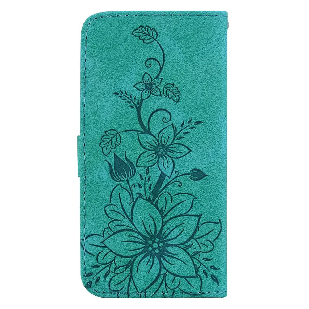 For Samsung Galaxy A27 5G Stand Case Lily Flower Imprint Leather Phone Cover with Wrist Strap - Green - 7