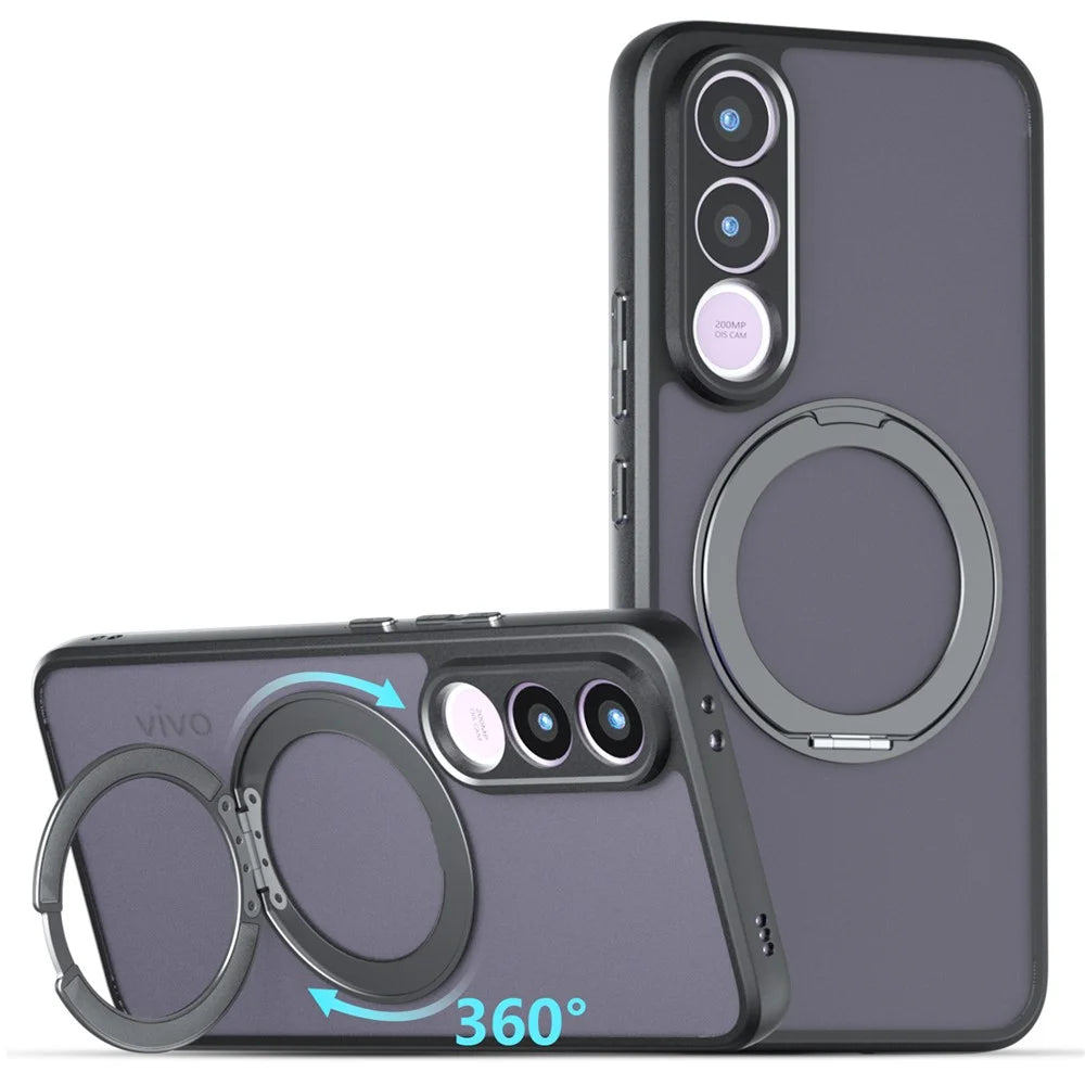 For vivo V70 FE 5G Matte Skin-touch Magnetic Case 360° Rotating Kickstand Shockproof TPU + PC Phone Cover - Transparent Black - 1