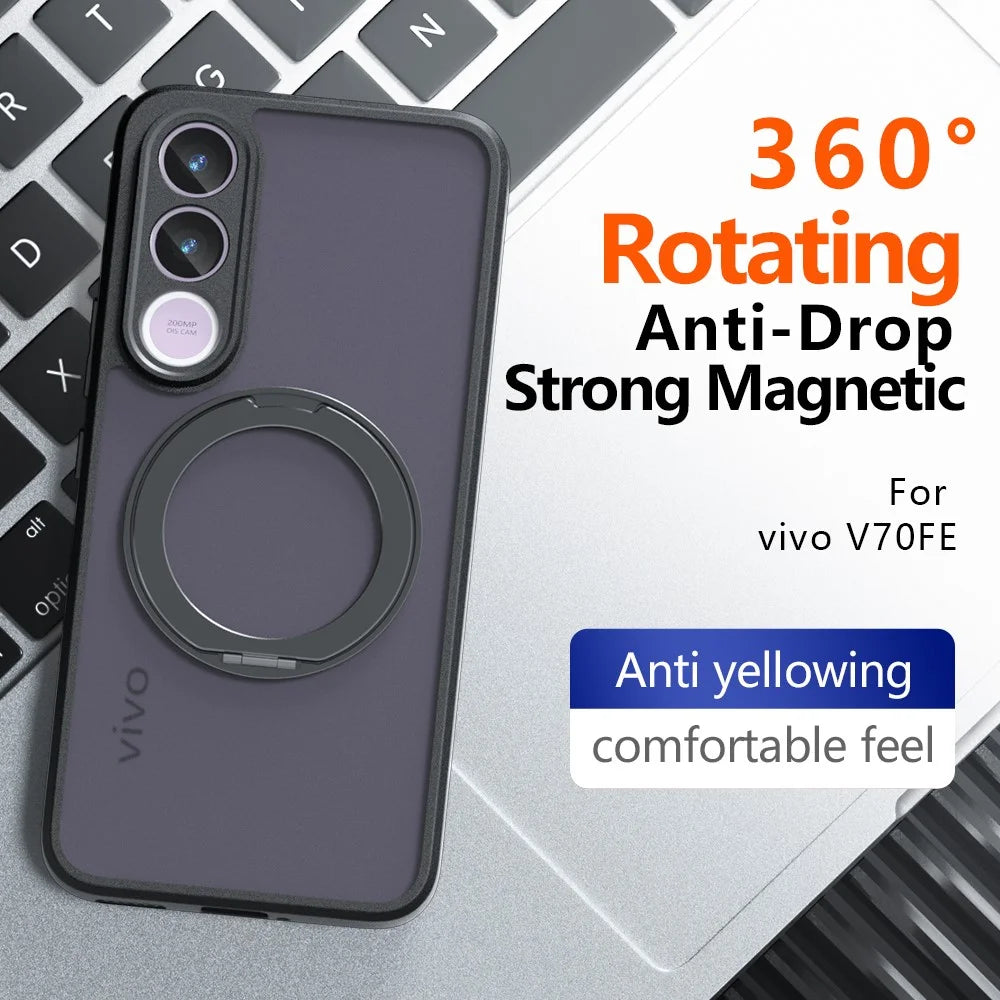 For vivo V70 FE 5G Matte Skin-touch Magnetic Case 360° Rotating Kickstand Shockproof TPU + PC Phone Cover - Transparent Black - 3