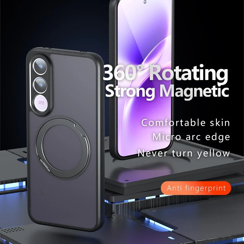 For vivo V70 FE 5G Matte Skin-touch Magnetic Case 360° Rotating Kickstand Shockproof TPU + PC Phone Cover - Transparent Black - 4