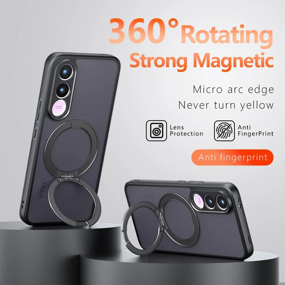 For vivo V70 FE 5G Matte Skin-touch Magnetic Case 360° Rotating Kickstand Shockproof TPU + PC Phone Cover - Transparent Black - 5