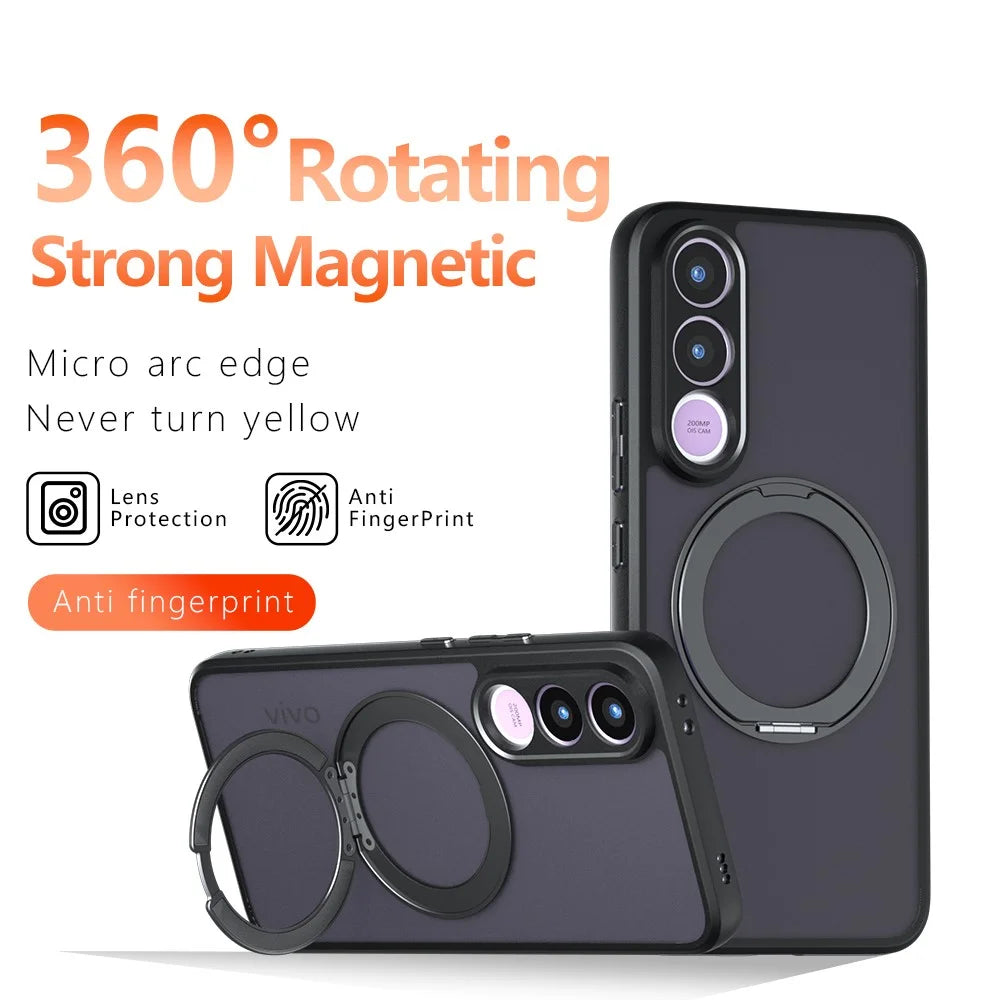 For vivo V70 FE 5G Matte Skin-touch Magnetic Case 360° Rotating Kickstand Shockproof TPU + PC Phone Cover - Transparent Black - 6