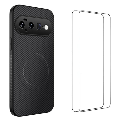 WANLONFENG for Google Pixel 11 TQ1 Series Magnetic Case Carbon Fiber Texture PC TPU Phone Cover with 2Pcs Screen Films - Black - 1