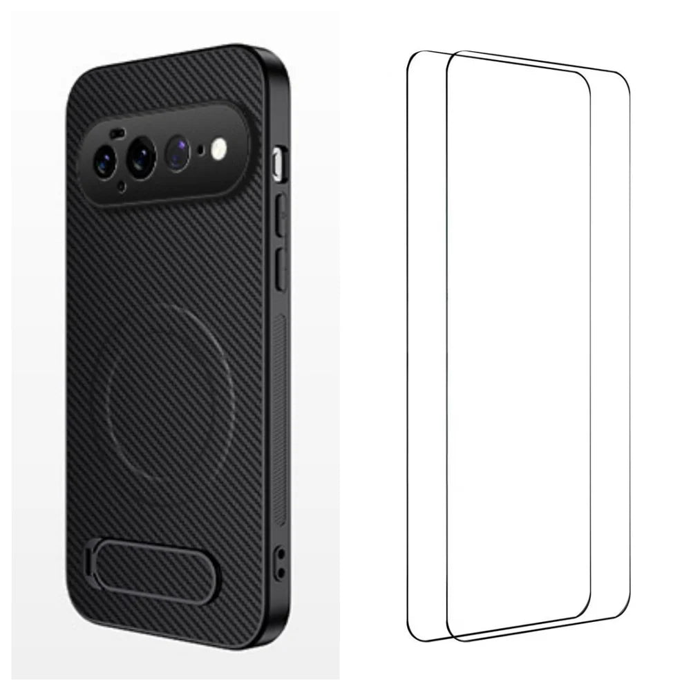 WANLONFENG for Google Pixel 11 Pro XL QT1 Series Magnetic Case with 2Pcs Tempered Glass Films Kickstand Carbon Fiber Texture PC TPU Phone Cover - Black - 1