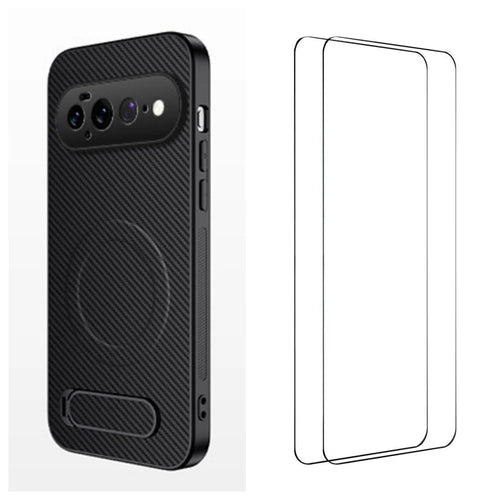 WANLONFENG for Google Pixel 11 Pro XL QT1 Series Magnetic Case with 2Pcs Tempered Glass Films Kickstand Carbon Fiber Texture PC TPU Phone Cover - Black - 1