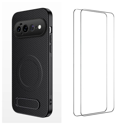WANLONFENG for Google Pixel 11 Pro XL QT1 Series Magnetic Case with 2Pcs Tempered Glass Films Kickstand Carbon Fiber Texture PC TPU Phone Cover - Black - 1