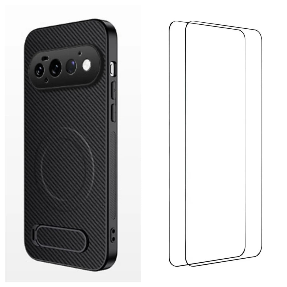 WANLONFENG for Google Pixel 11 Pro QT1 Series Magnetic Case with 2Pcs Tempered Glass Films Kickstand Carbon Fiber Texture PC TPU Phone Cover - Black - 1
