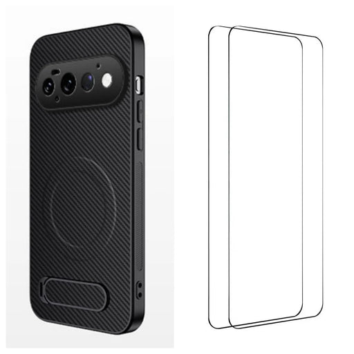 WANLONFENG for Google Pixel 11 Pro QT1 Series Magnetic Case with 2Pcs Tempered Glass Films Kickstand Carbon Fiber Texture PC TPU Phone Cover - Black - 1