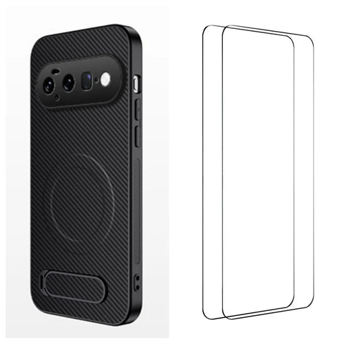 WANLONFENG for Google Pixel 11 QT1 Series Magnetic Case with 2Pcs Tempered Glass Films Kickstand Carbon Fiber Texture PC TPU Phone Cover - Black - 1