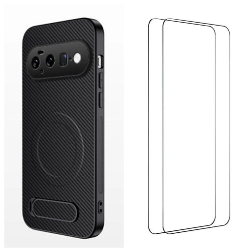 WANLONFENG for Google Pixel 11 QT1 Series Magnetic Case with 2Pcs Tempered Glass Films Kickstand Carbon Fiber Texture PC TPU Phone Cover - Black - 1
