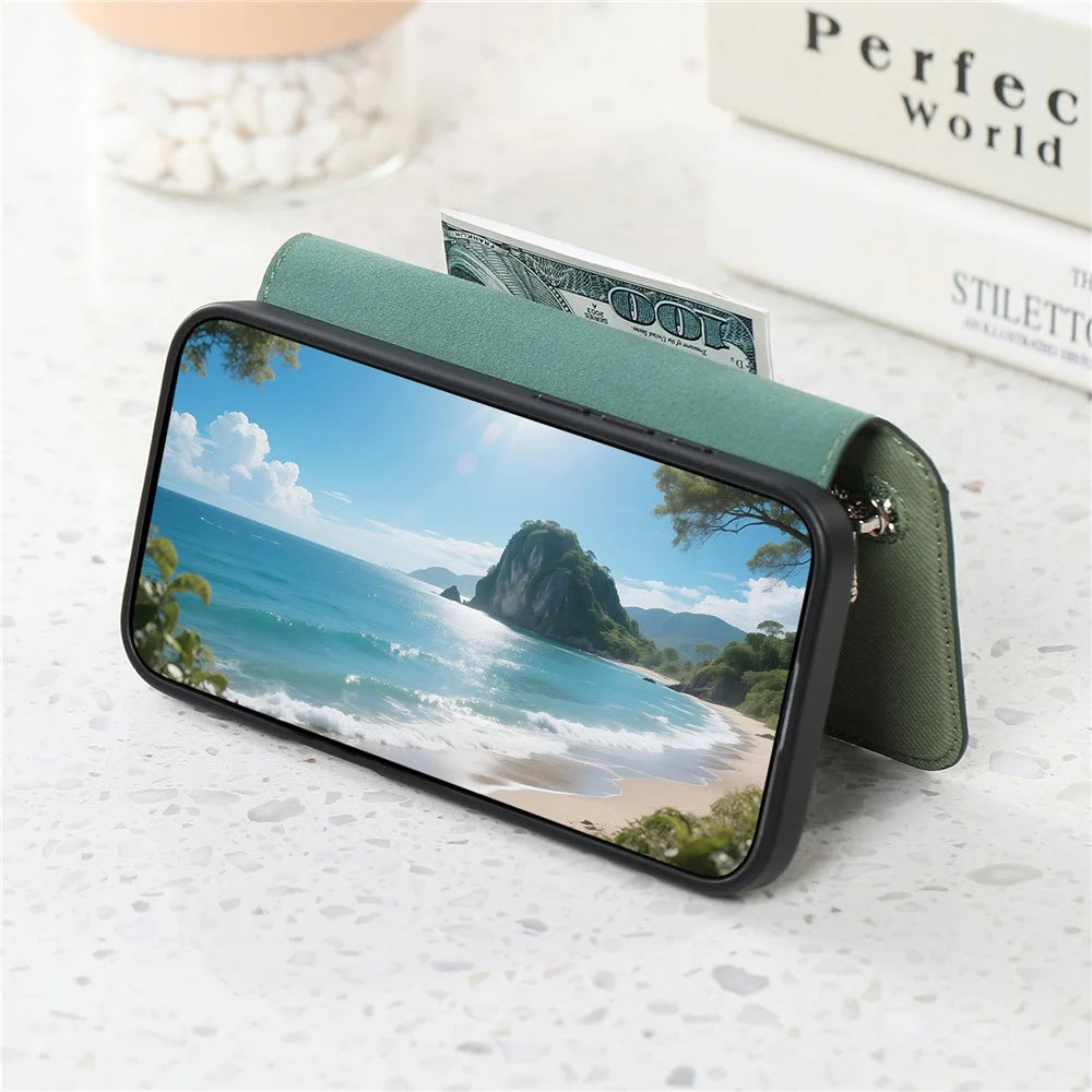 For Realme 16 Pro+ 5G Magnetic Case RFID Blocking Detachable Wallet Stand Cloth Texture Leather Phone Cover - Green - 3